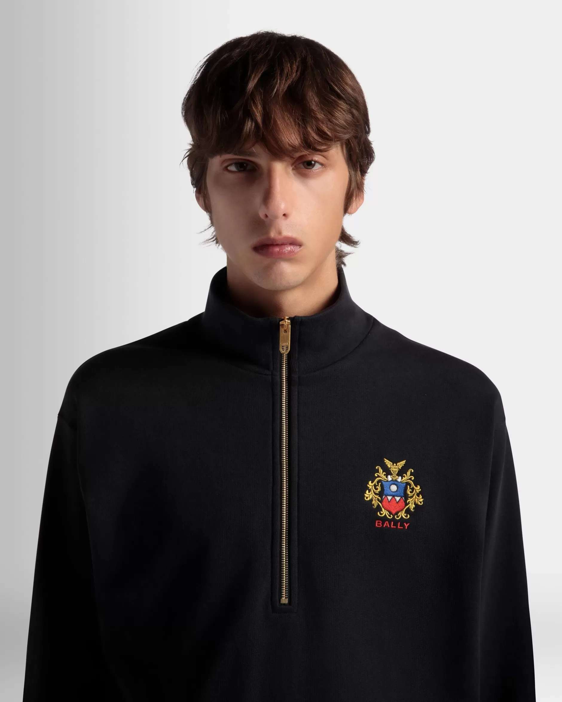 Bally Half-Zip-Sweatshirt Aus Baumwolle In Navy Blue Mit Crest Logo Blau Store