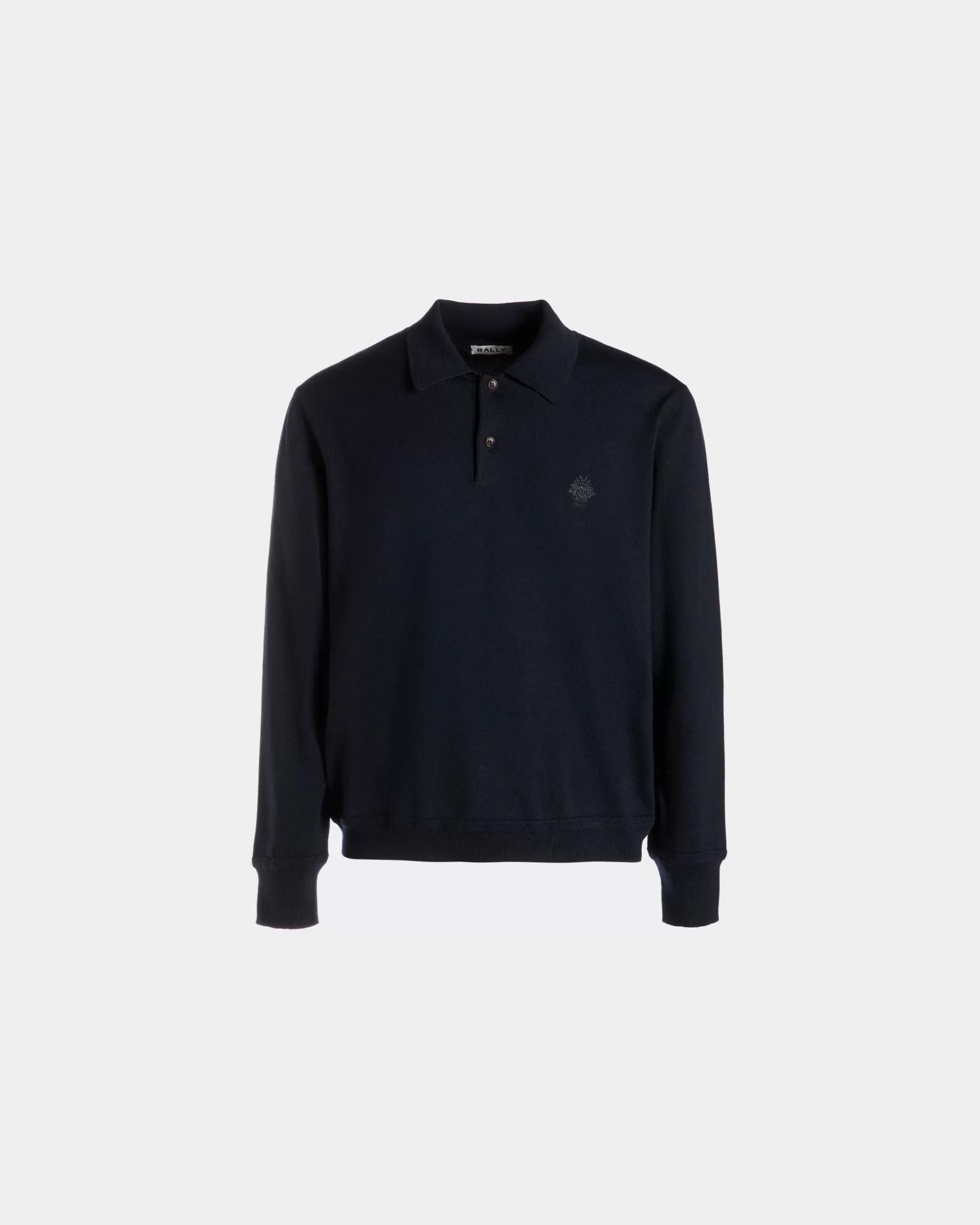 Bally Langärmeliges Poloshirt Aus Wolle In Navy Blue Mit Crest Logo Blau Store