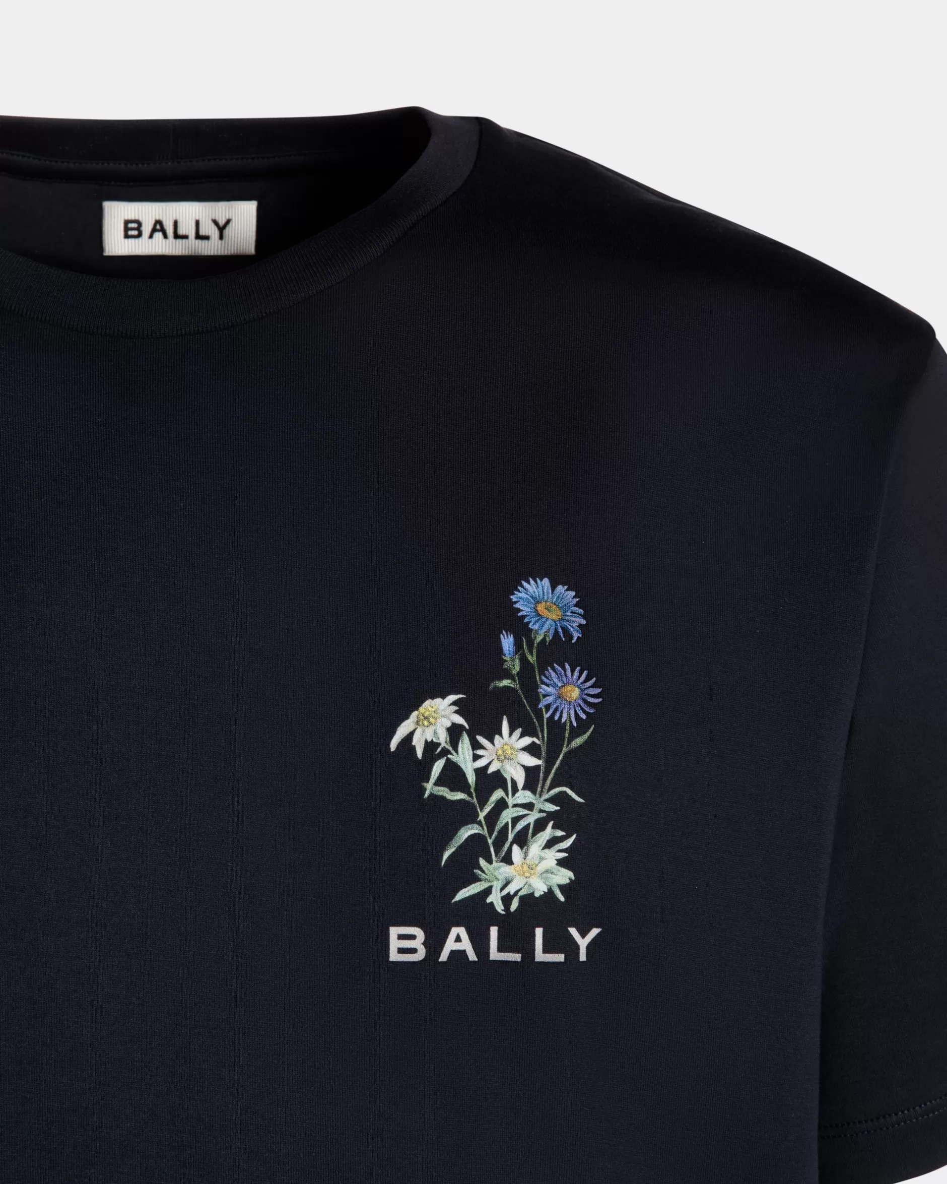 Bally T-Shirt Aus Baumwolle In Navy Blue Mit Mountain Flower-Print Blau New